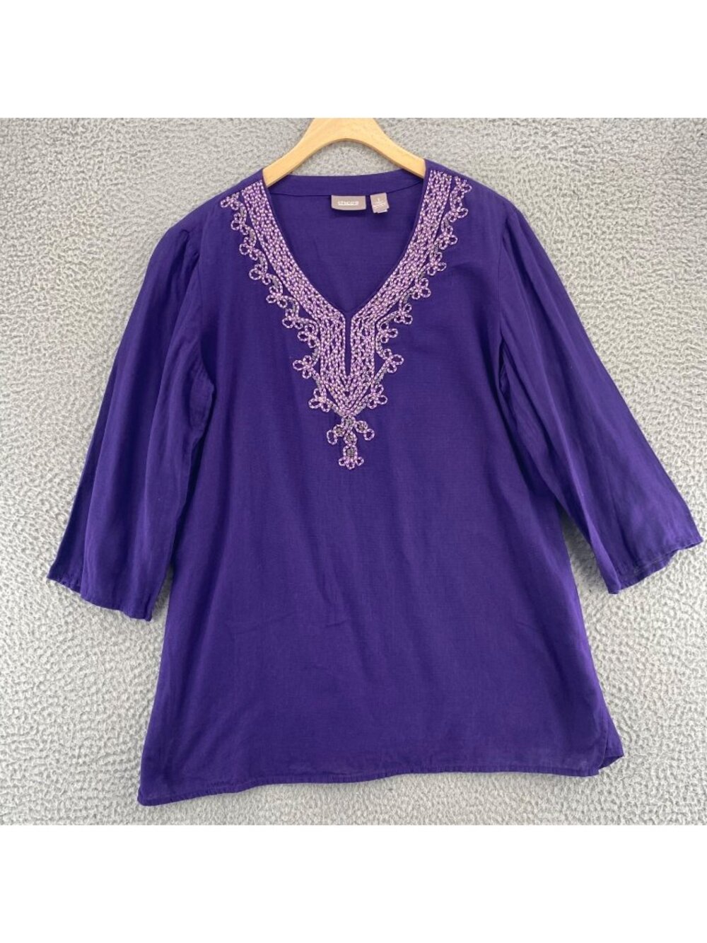 Chicos Top Women 1 US Medium Purple Gold Embellished Beaded Cotton Blouse V Neck